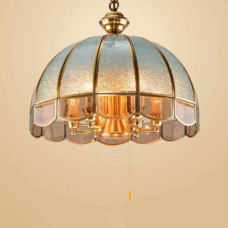 Halfrond studeerkamer kroonluchter verlichting vintage rimpelglas gouden hanglamp met trekketting met geschulpte rand Clea...