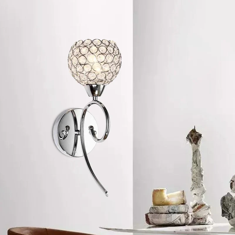 Halfronde kristallen wandlamp Modern stijlvol hoeklamp met 1 kop en scrollarm chroom Clearhalo