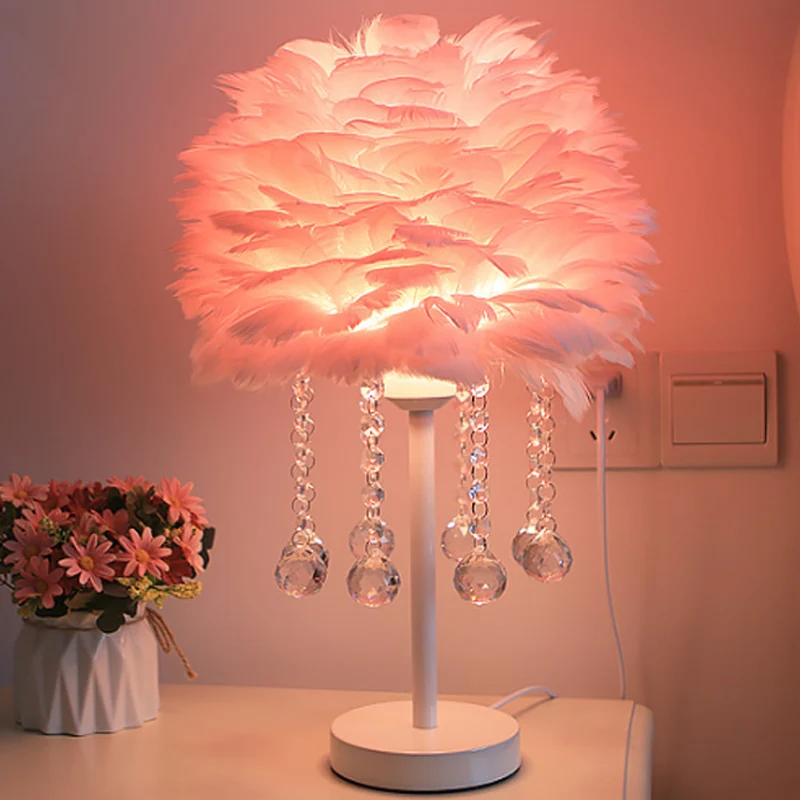 Halfronde tafellamp met veren, modern nachtlampje met één lamp, grijs/wit/roze, met kristallen bol/druppel Clearhalo