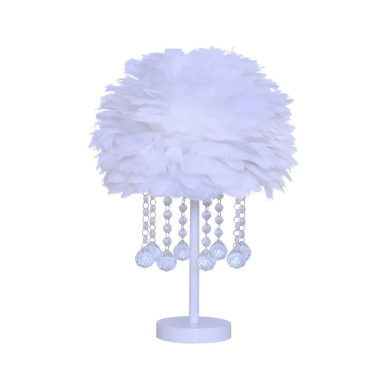 Halfronde tafellamp met veren, modern nachtlampje met één lamp, grijs/wit/roze, met kristallen bol/druppel Clearhalo