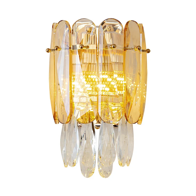 Halve cilinder wandlamp postmodern gefacetteerd kristal 2 koppen gouden schanslamp voor slaapkamer Clearhalo
