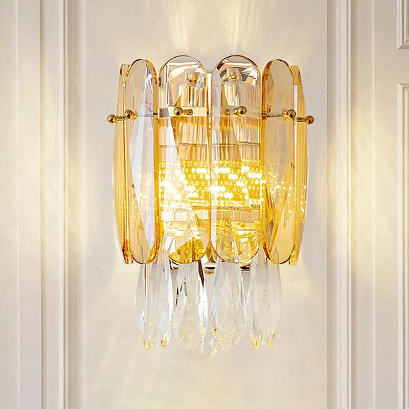Halve cilinder wandlamp postmodern gefacetteerd kristal 2 koppen gouden schanslamp voor slaapkamer Clearhalo