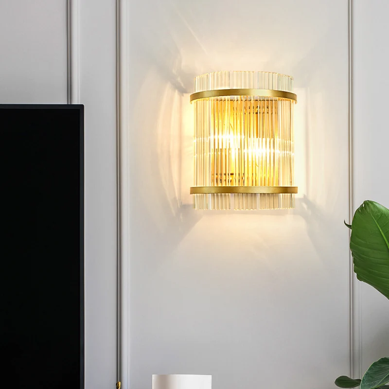 Halve cilinder woonkamer wandmontage licht geribbeld glas 2 lampen moderne wandkandelaar licht goud Clearhalo