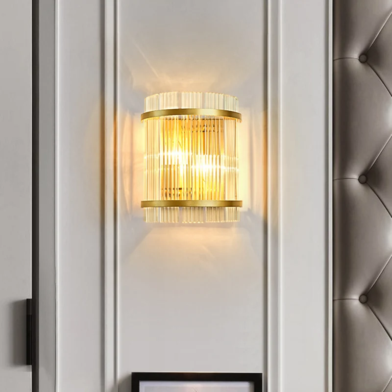 Halve cilinder woonkamer wandmontage licht geribbeld glas 2 lampen moderne wandkandelaar licht goud Clearhalo