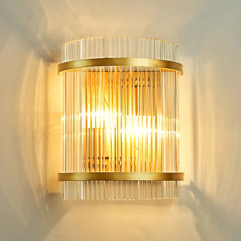 Halve cilinder woonkamer wandmontage licht geribbeld glas 2 lampen moderne wandkandelaar licht goud Clearhalo