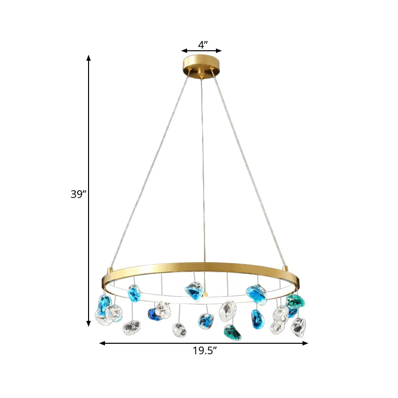 Halverwege de eeuw cirkel LED-kroonluchter metalen lounge hanglamp goud met gekleurde edelsteendruppel, 16"/19,5" breed Cl...