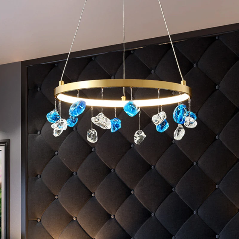 Halverwege de eeuw cirkel LED-kroonluchter metalen lounge hanglamp goud met gekleurde edelsteendruppel, 16"/19,5" breed Cl...