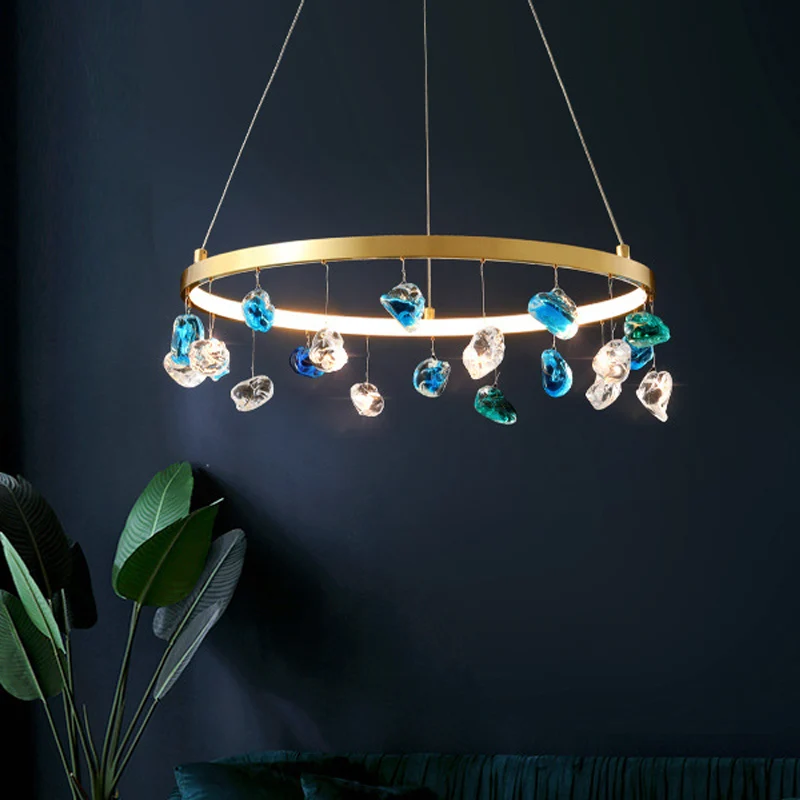 Halverwege de eeuw cirkel LED-kroonluchter metalen lounge hanglamp goud met gekleurde edelsteendruppel, 16"/19,5" breed Cl...