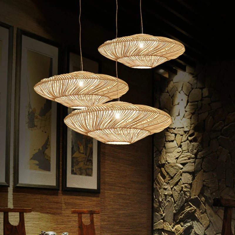 Handgemaakte hangende verlichting Minimalistische rotan 1-koppige restauranthangende plafondlamp hout Clearhalo