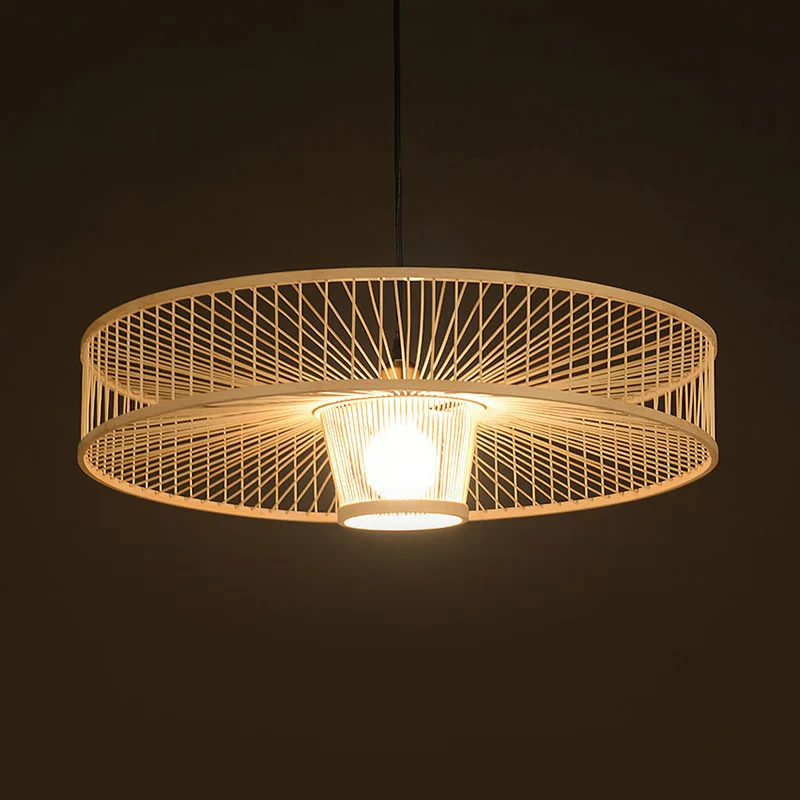 Handgemaakte ronde plafondhanger 1-lichts Aziatische bamboe hanglamp voor restaurant Clearhalo