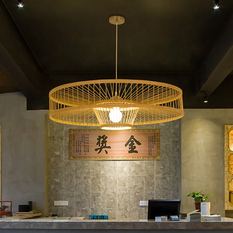Handgemaakte ronde plafondhanger 1-lichts Aziatische bamboe hanglamp voor restaurant Clearhalo