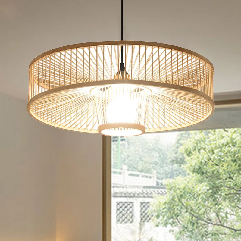 Handgemaakte ronde plafondhanger 1-lichts Aziatische bamboe hanglamp voor restaurant Clearhalo