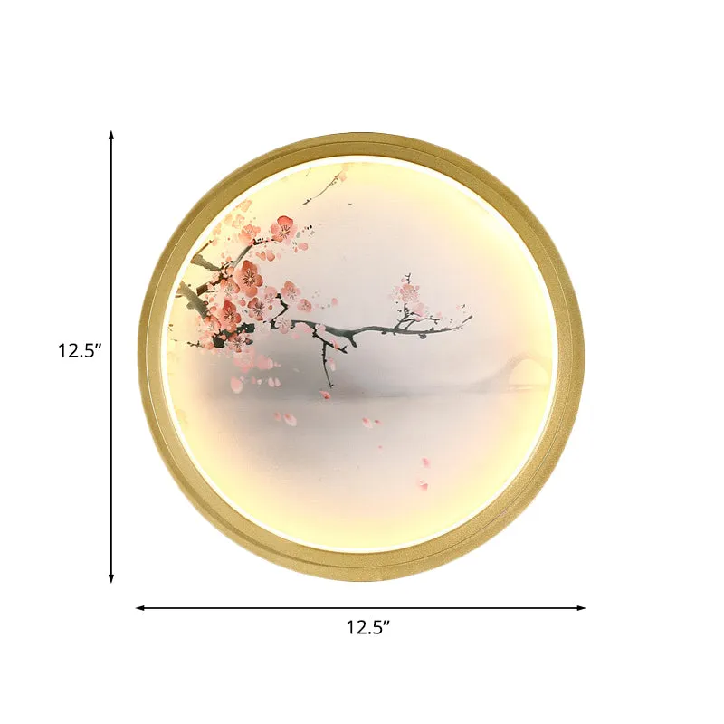 Handgeschilderde bloem/bergmuurschildering verlichting Chinese stoffen woonkamer LED-wandkandelaar met gouden rond/vierkan...