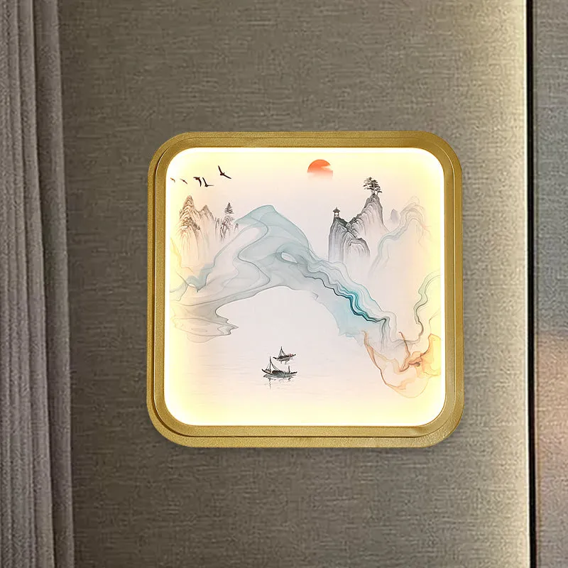 Handgeschilderde bloem/bergmuurschildering verlichting Chinese stoffen woonkamer LED-wandkandelaar met gouden rond/vierkan...