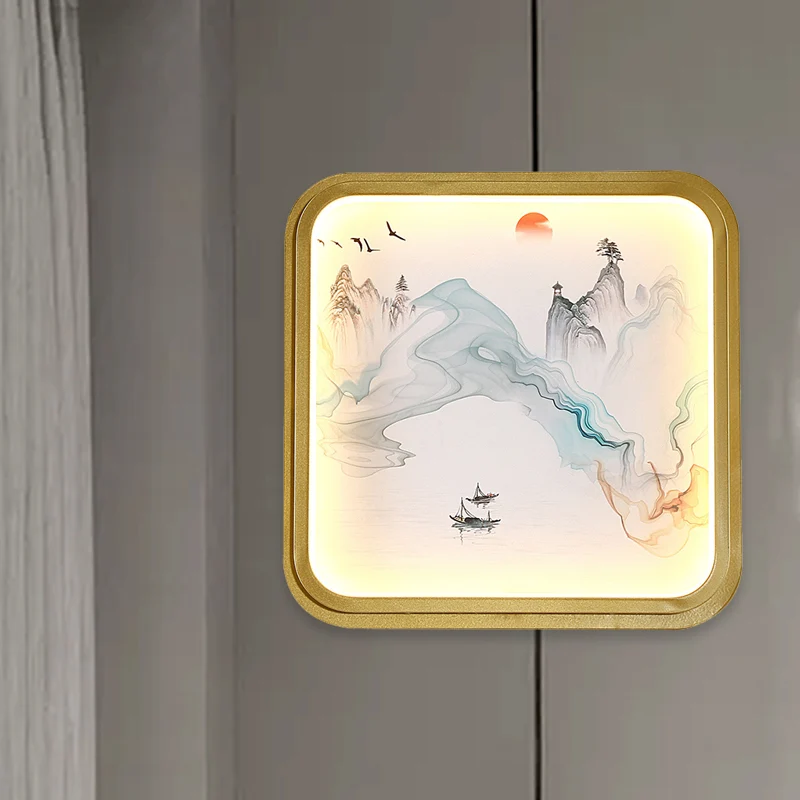 Handgeschilderde bloem/bergmuurschildering verlichting Chinese stoffen woonkamer LED-wandkandelaar met gouden rond/vierkan...