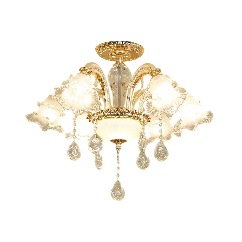 Handgesneden K9 Crystal Flower Semi Flush Mid Century 6-lichts slaapkamer plafondlamp goud Clearhalo
