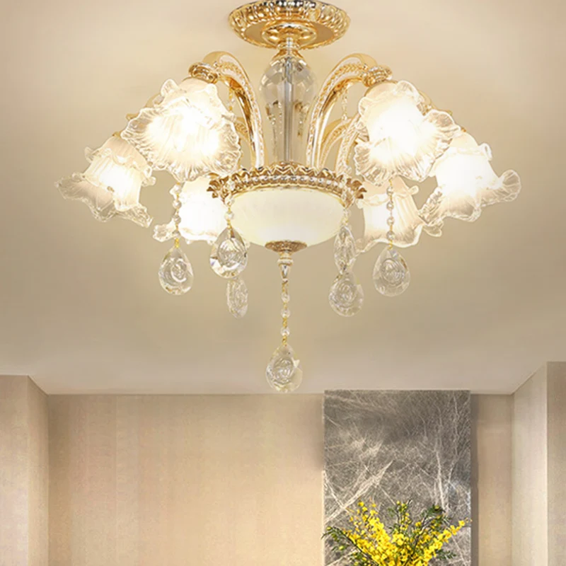 Handgesneden K9 Crystal Flower Semi Flush Mid Century 6-lichts slaapkamer plafondlamp goud Clearhalo