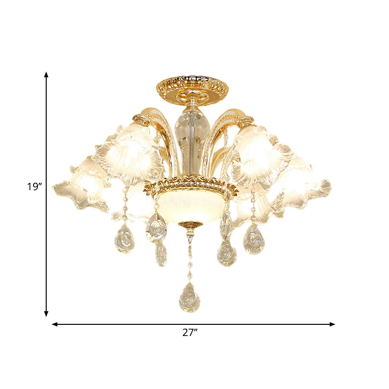 Handgesneden K9 Crystal Flower Semi Flush Mid Century 6-lichts slaapkamer plafondlamp goud Clearhalo