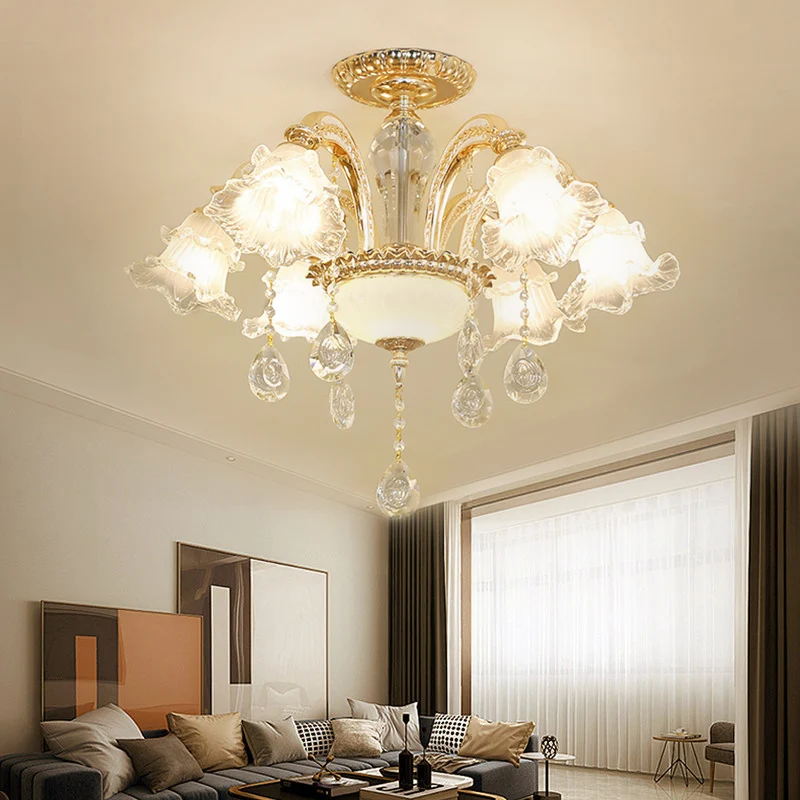 Handgesneden K9 Crystal Flower Semi Flush Mid Century 6-lichts slaapkamer plafondlamp goud Clearhalo