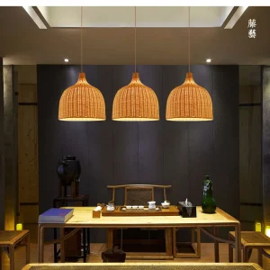 Handgeweven koepel hanglamp armatuur Chinese bamboe enkele lamp eettafel plafondlamp beige Clearhalo