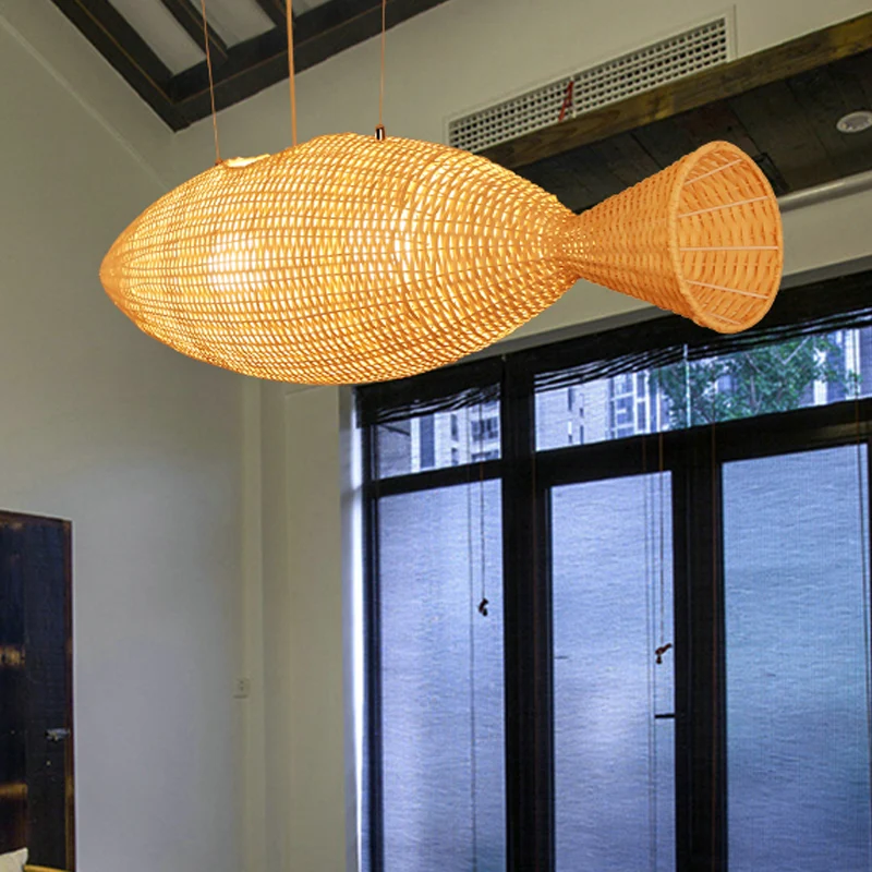 Handgeweven vis bamboe druppellamp Chinese 2 lampen Beige hangende kroonluchter voor restaurant Clearhalo