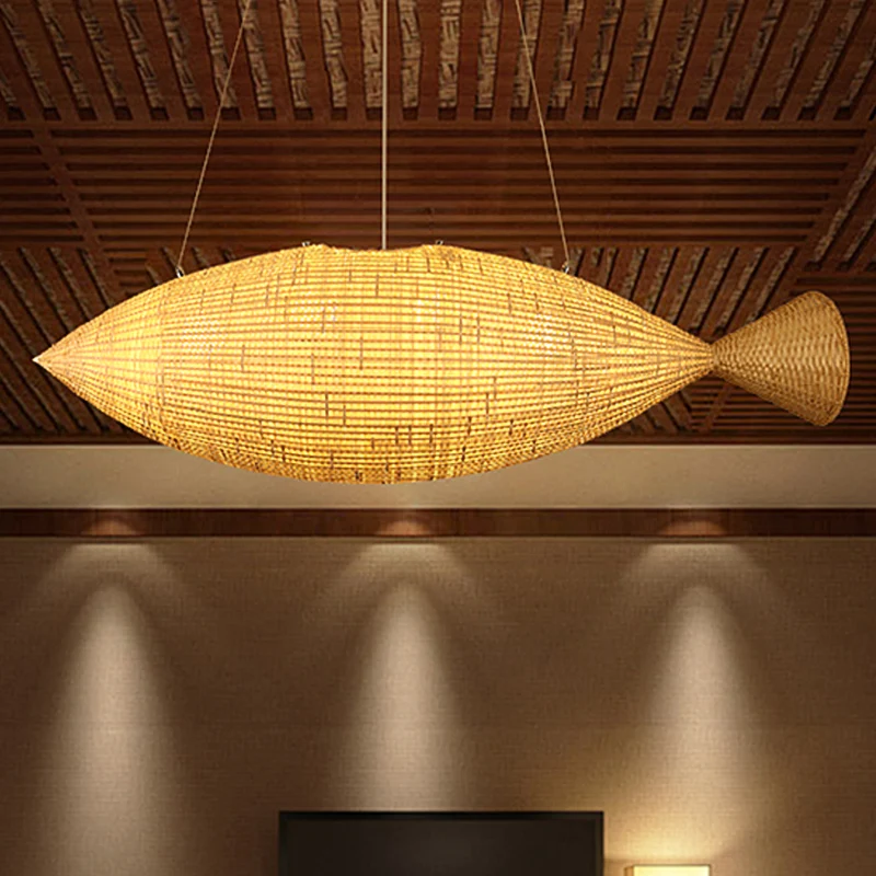 Handgeweven vis bamboe druppellamp Chinese 2 lampen Beige hangende kroonluchter voor restaurant Clearhalo