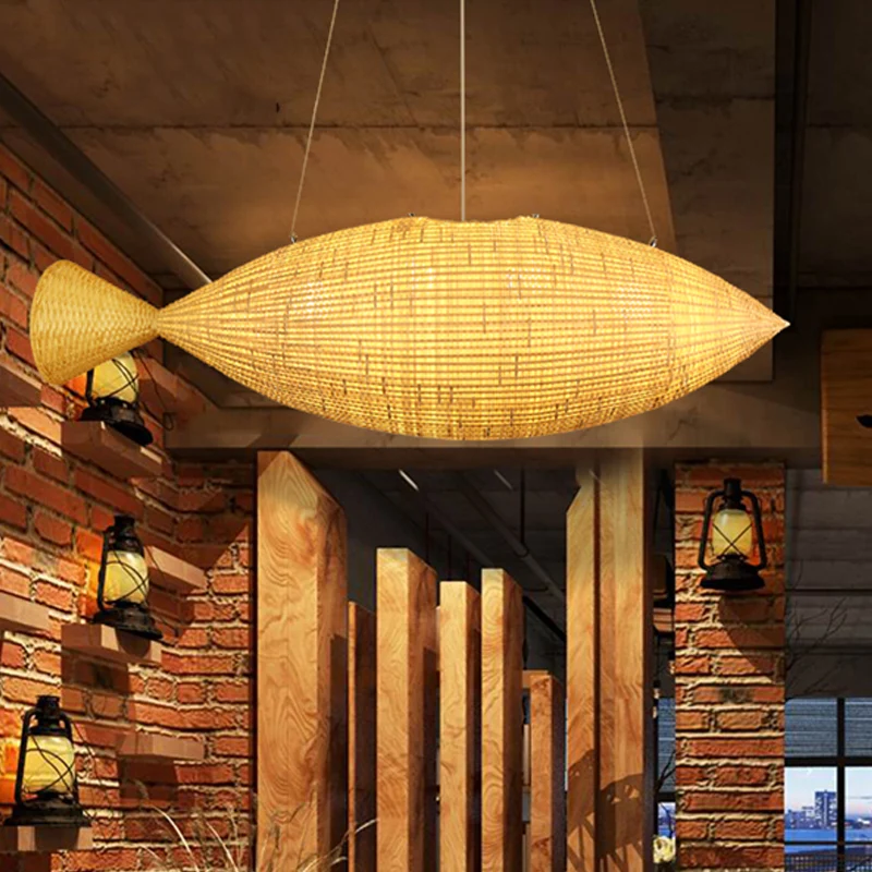 Handgeweven vis bamboe druppellamp Chinese 2 lampen Beige hangende kroonluchter voor restaurant Clearhalo