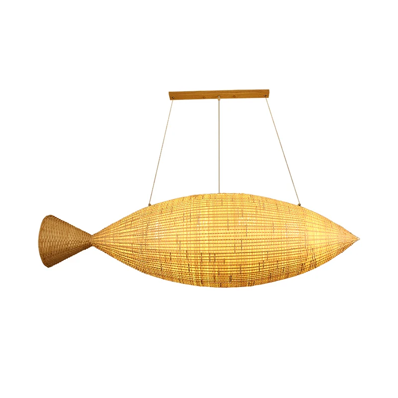 Handgeweven vis bamboe druppellamp Chinese 2 lampen Beige hangende kroonluchter voor restaurant Clearhalo