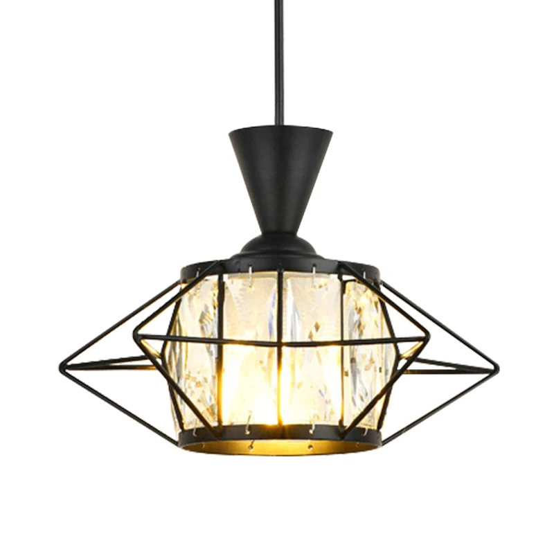 Hangende hanglamp met draadkooi Modern metaal 1-lichts eetkamer plafondlamp zwart/goud met trommelkristallen kap Clearhalo
