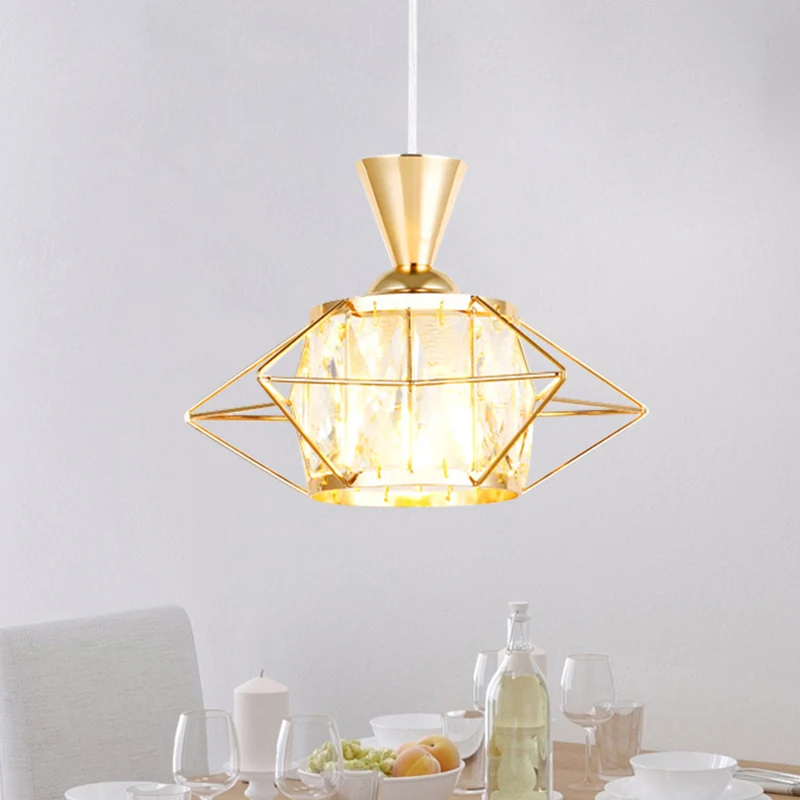 Hangende hanglamp met draadkooi Modern metaal 1-lichts eetkamer plafondlamp zwart/goud met trommelkristallen kap Clearhalo