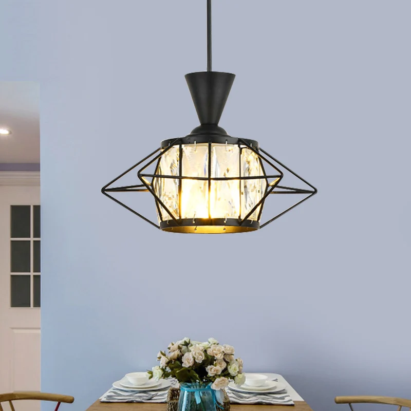 Hangende hanglamp met draadkooi Modern metaal 1-lichts eetkamer plafondlamp zwart/goud met trommelkristallen kap Clearhalo