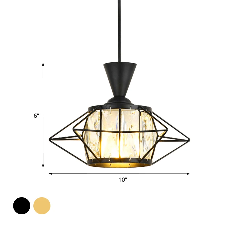 Hangende hanglamp met draadkooi Modern metaal 1-lichts eetkamer plafondlamp zwart/goud met trommelkristallen kap Clearhalo