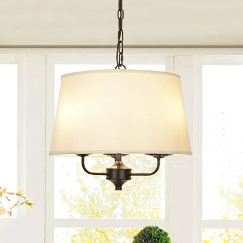 Hangende kroonluchter met stoffen trommelkap, traditionele hanglamp met 3 lampen vlas/wit Clearhalo