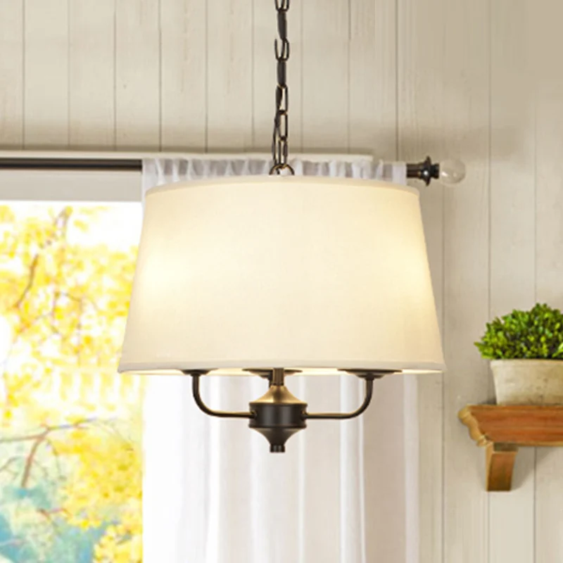 Hangende kroonluchter met stoffen trommelkap, traditionele hanglamp met 3 lampen vlas/wit Clearhalo