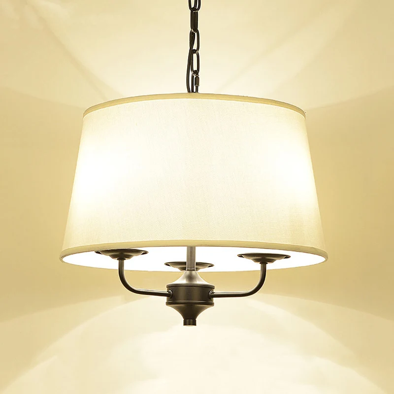 Hangende kroonluchter met stoffen trommelkap, traditionele hanglamp met 3 lampen vlas/wit Clearhalo