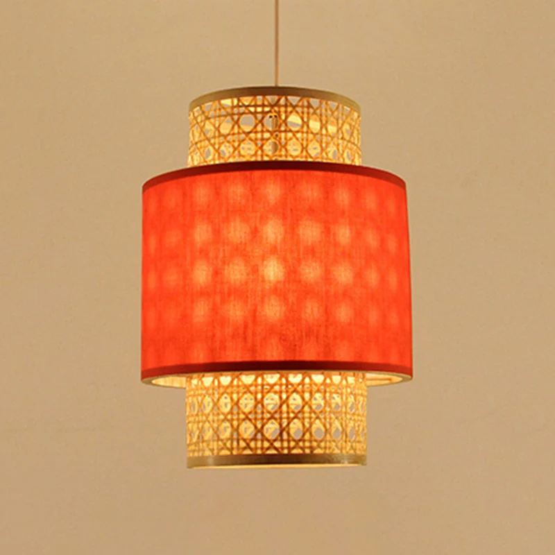 Hanglamp Aziatische stijl, 1 lamp, met bamboe en stoffen kap, rood/witte cilinderplafondlamp voor restaurant Clearhalo