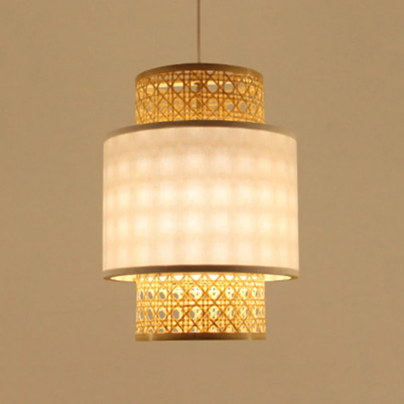 Hanglamp Aziatische stijl, 1 lamp, met bamboe en stoffen kap, rood/witte cilinderplafondlamp voor restaurant Clearhalo