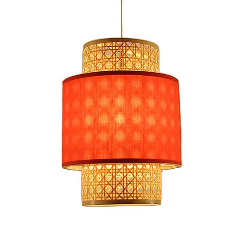 Hanglamp Aziatische stijl, 1 lamp, met bamboe en stoffen kap, rood/witte cilinderplafondlamp voor restaurant Clearhalo