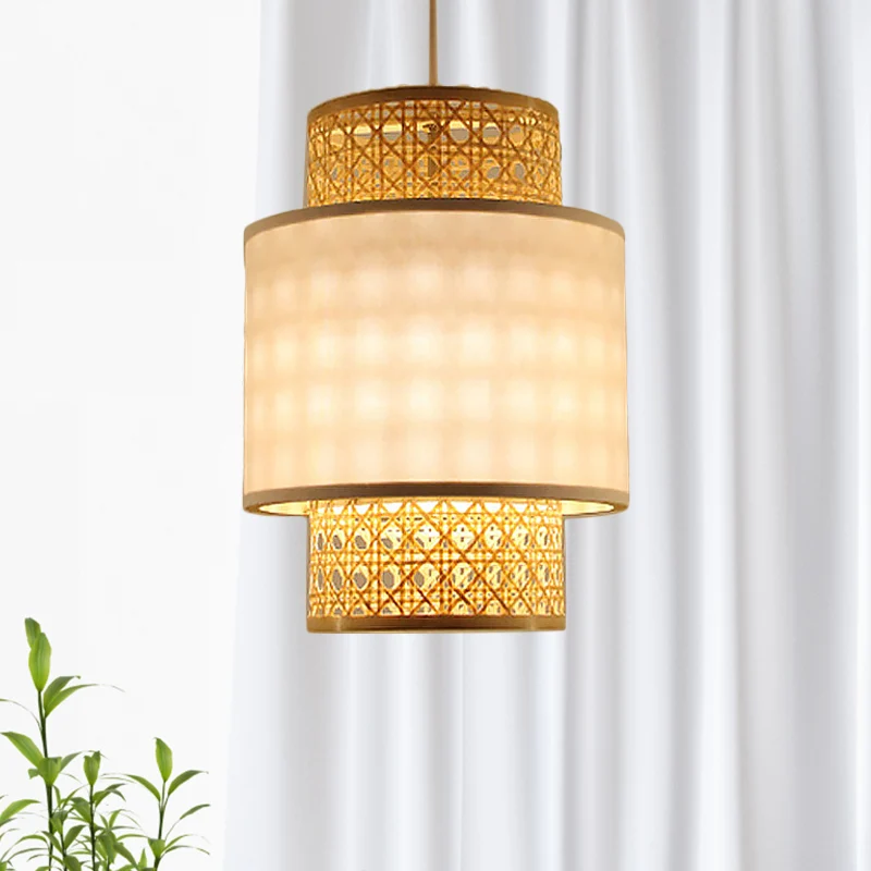 Hanglamp Aziatische stijl, 1 lamp, met bamboe en stoffen kap, rood/witte cilinderplafondlamp voor restaurant Clearhalo