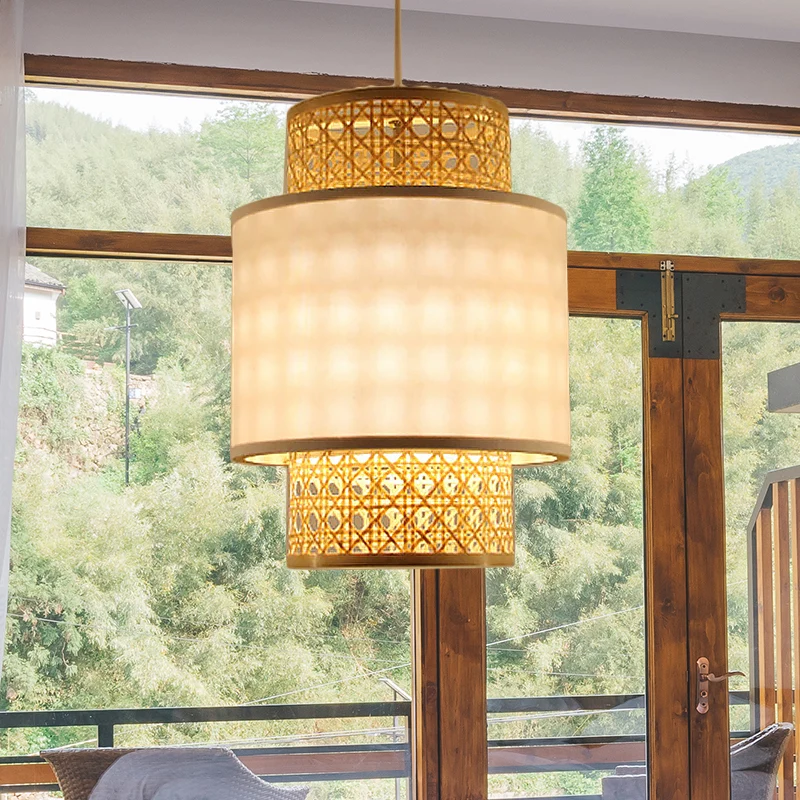 Hanglamp Aziatische stijl, 1 lamp, met bamboe en stoffen kap, rood/witte cilinderplafondlamp voor restaurant Clearhalo