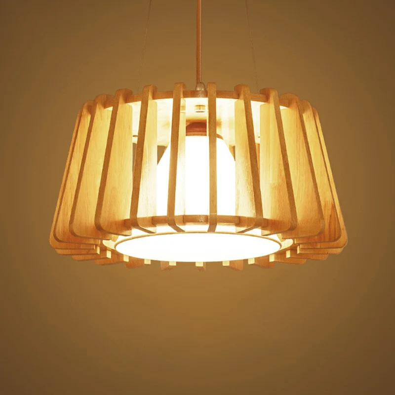 Hanglamp met houten trommel, eigentijdse hanglamp met 1 lichtpunt en binnenste conische stoffen kap Clearhalo