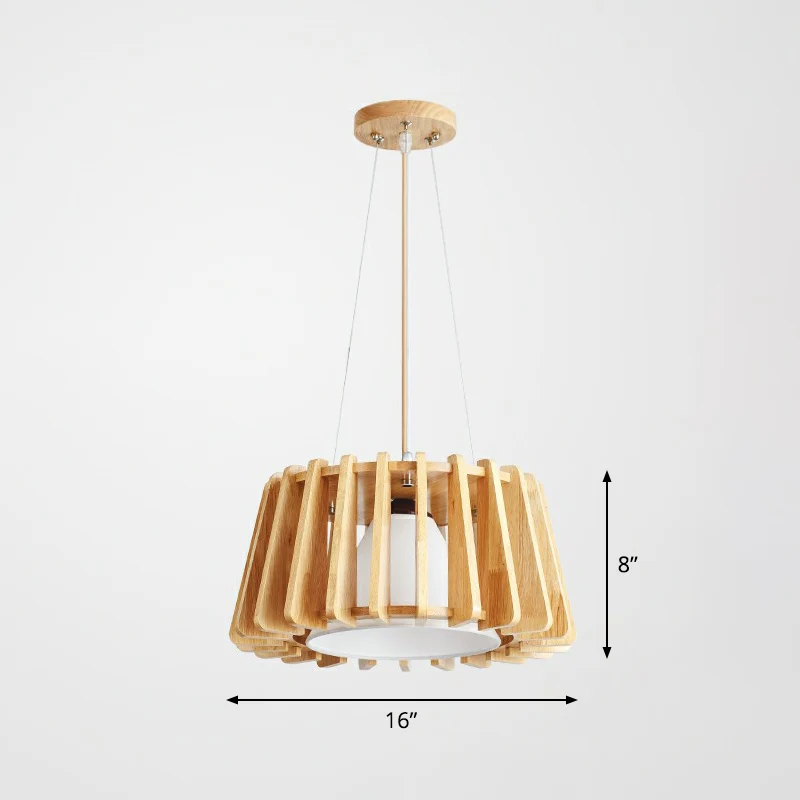 Hanglamp met houten trommel, eigentijdse hanglamp met 1 lichtpunt en binnenste conische stoffen kap Clearhalo
