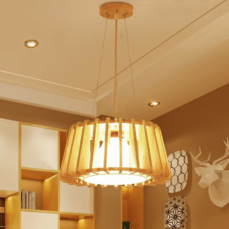 Hanglamp met houten trommel, eigentijdse hanglamp met 1 lichtpunt en binnenste conische stoffen kap Clearhalo