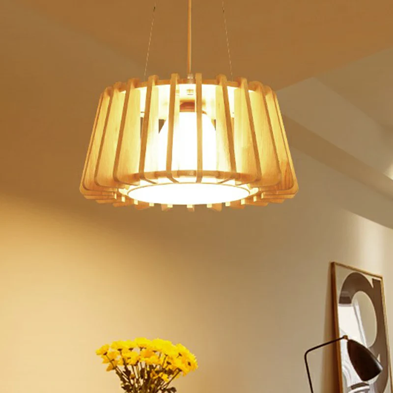 Hanglamp met houten trommel, eigentijdse hanglamp met 1 lichtpunt en binnenste conische stoffen kap Clearhalo