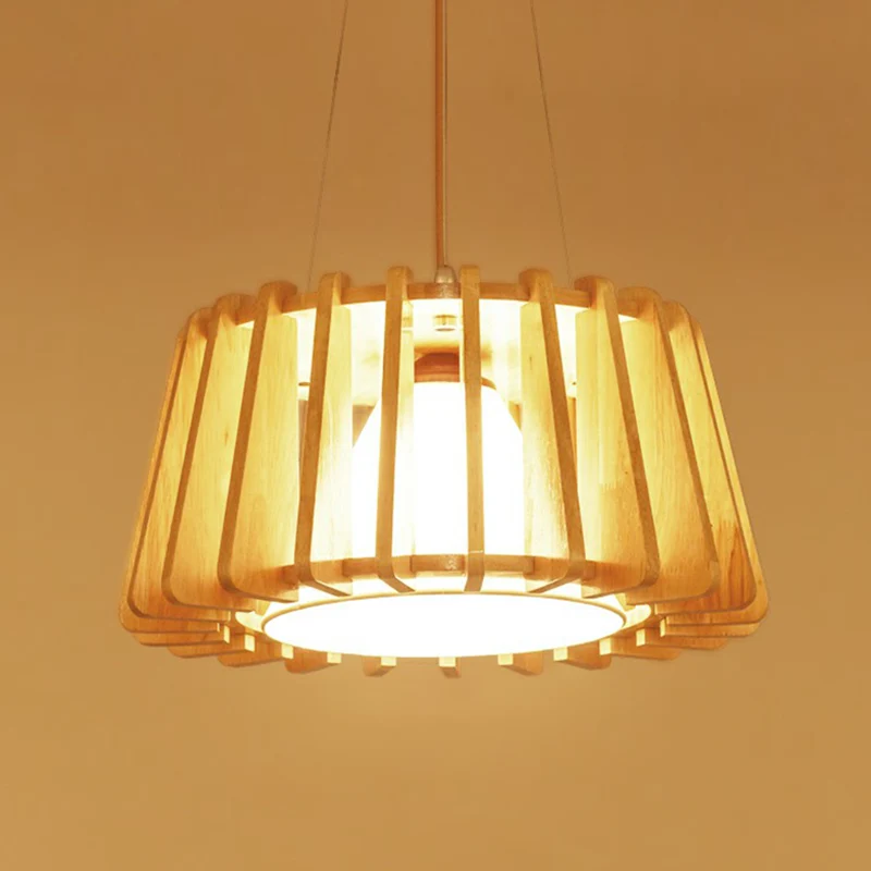Hanglamp met houten trommel, eigentijdse hanglamp met 1 lichtpunt en binnenste conische stoffen kap Clearhalo