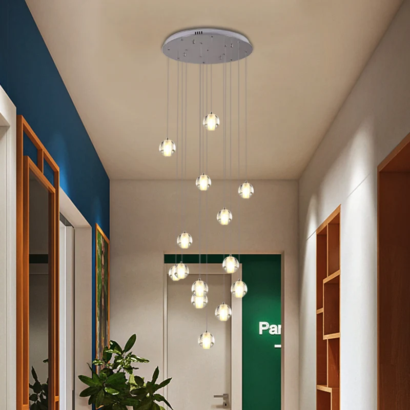 Hanglamp met kristallen cluster, moderne witte meteorenregen, traphanglamp met 14 lampen en ronde/lineaire luifel Clearhalo