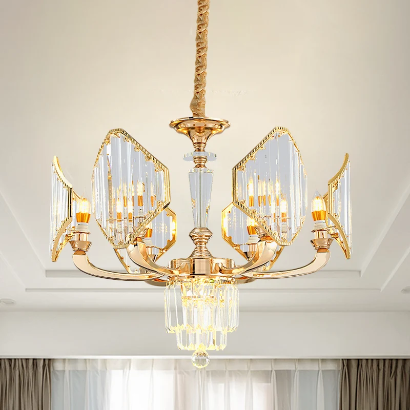 Hanglamp met 6 lampen ruitvormige panelen, postmoderne stijl gouden kristallen plafondkroonluchter Clearhalo