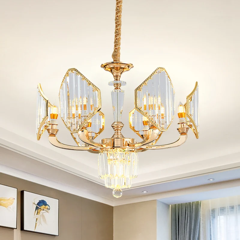 Hanglamp met 6 lampen ruitvormige panelen, postmoderne stijl gouden kristallen plafondkroonluchter Clearhalo