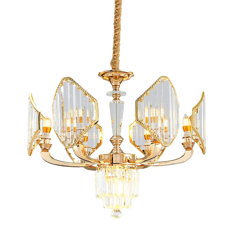 Hanglamp met 6 lampen ruitvormige panelen, postmoderne stijl gouden kristallen plafondkroonluchter Clearhalo