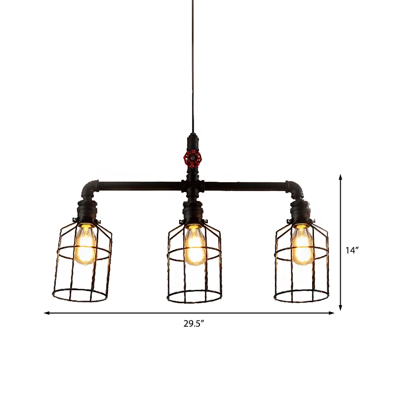 Hanglamp met 2/3 lampen, rustieke stijl, smeedijzeren eilandhanglamp met pijp, oud zilver/zwart Clearhalo